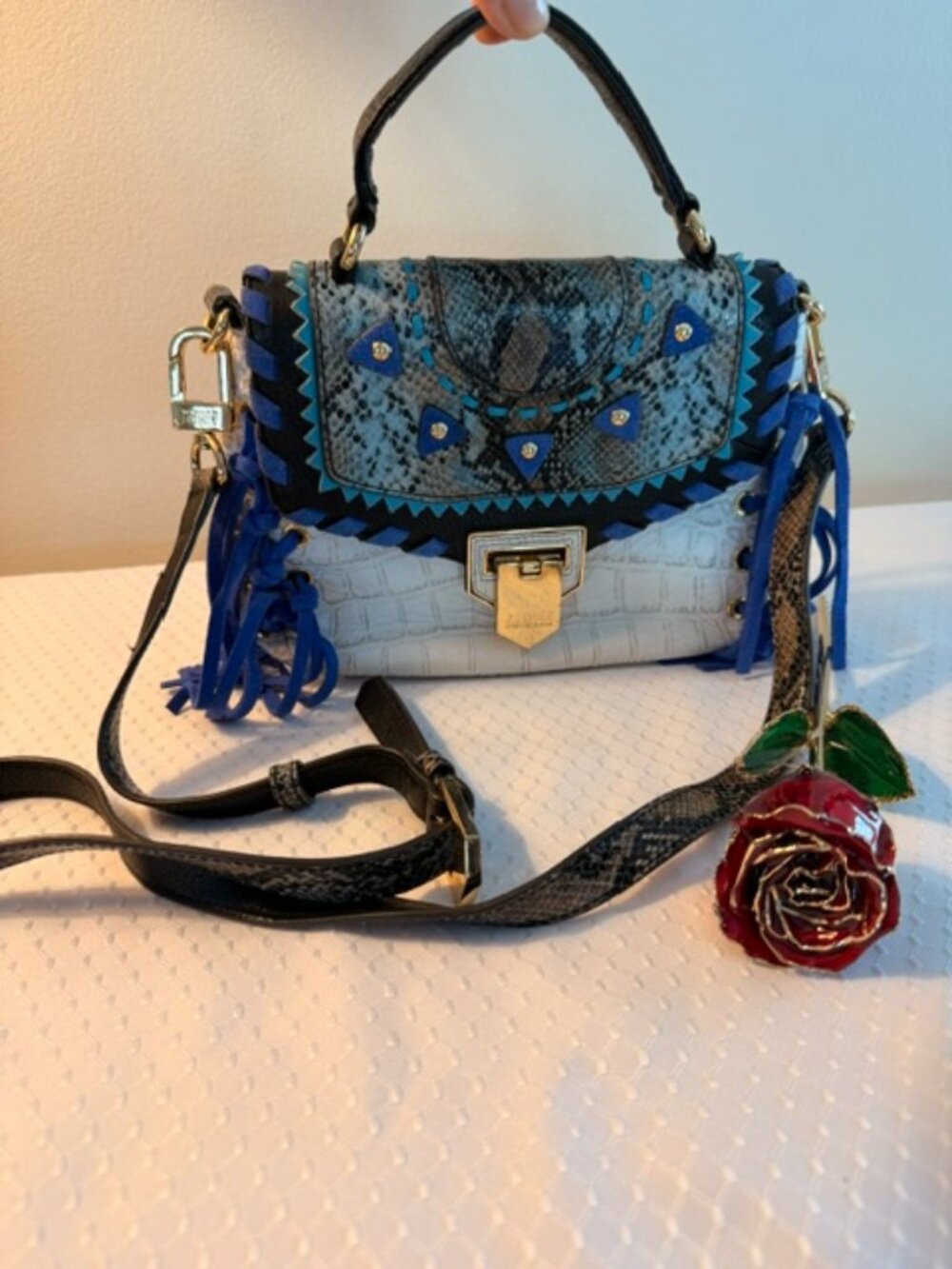 Authentic Aimee Kestenberg Genuine Leather Crossbody Satchel Blue Snake Print